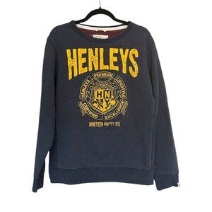 Henleys Manchester Navy Graphic Crewneck Sweatshirt Sz L Spell Out Distressed